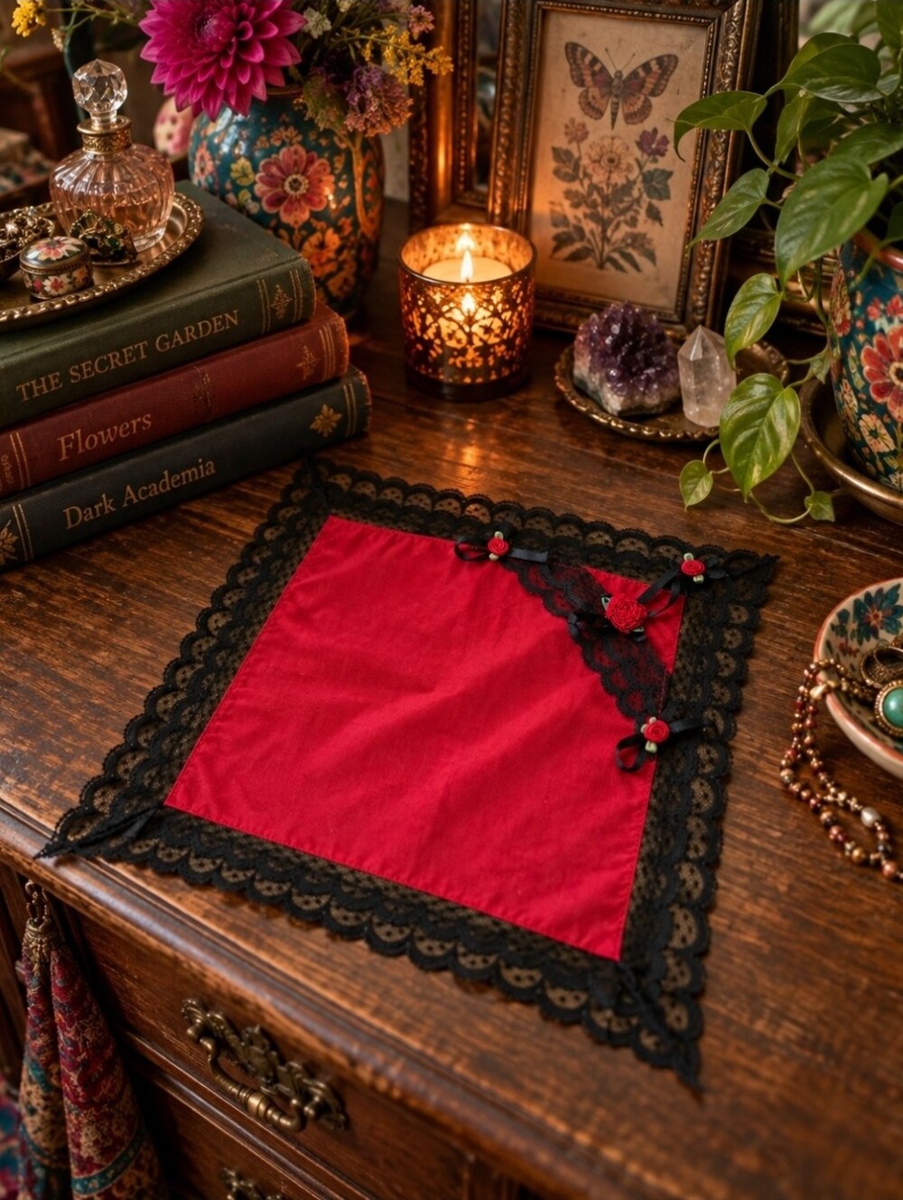 4/$15 Hot Red & Black Lace Decor Textile | Coquette Dark Feminine Gothic Romanc